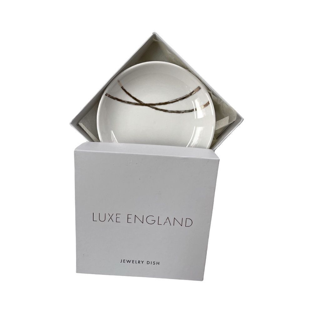 White & Metallic Abstract Porcelain Jewelry Trinket Dish Small 4” New in Box